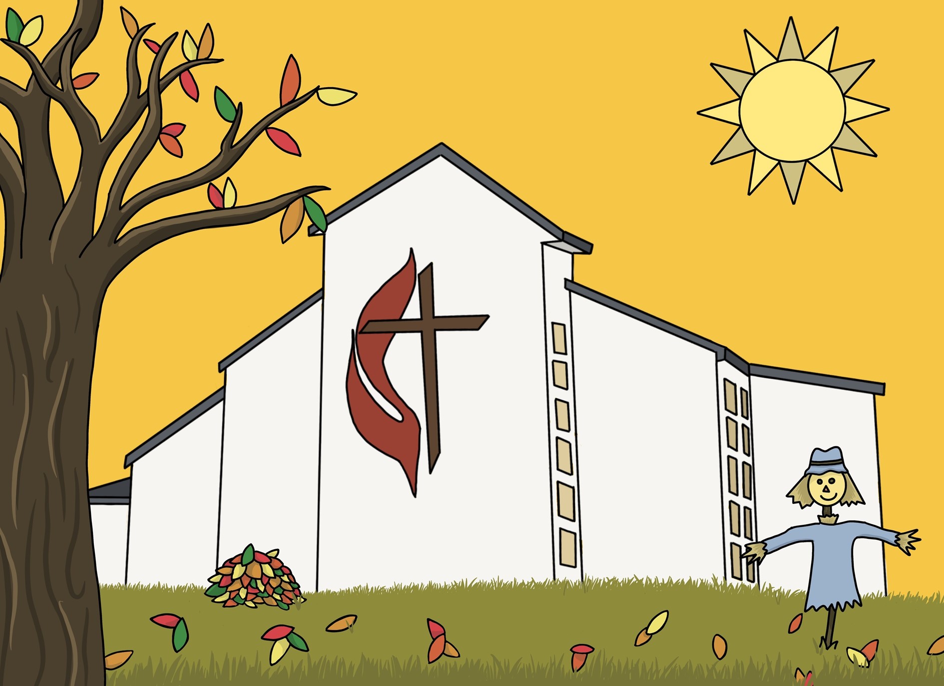 Illustration of Cheshire United Methodist Church in autumn with the UMC cross and flame